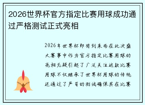 2026世界杯官方指定比赛用球成功通过严格测试正式亮相