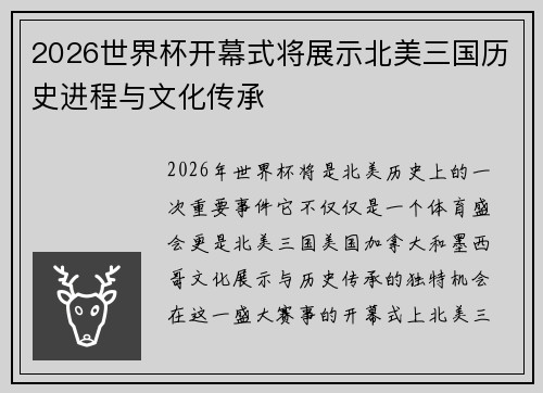2026世界杯开幕式将展示北美三国历史进程与文化传承
