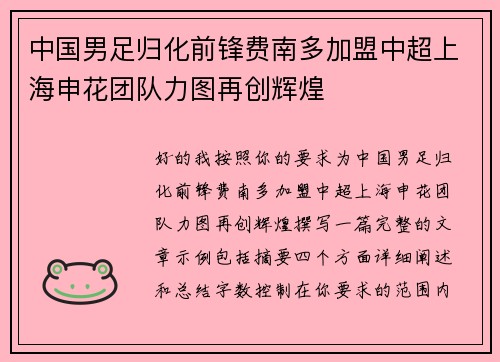中国男足归化前锋费南多加盟中超上海申花团队力图再创辉煌 中国男足归化前锋费南多加盟中超上海申花团队力图再创辉煌